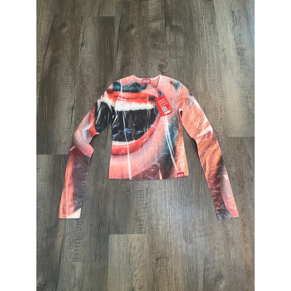 Diesel T-Mouth-Long-B Graphic Mesh Top Pink Red Screaming Mouth Long Sleeve NWT